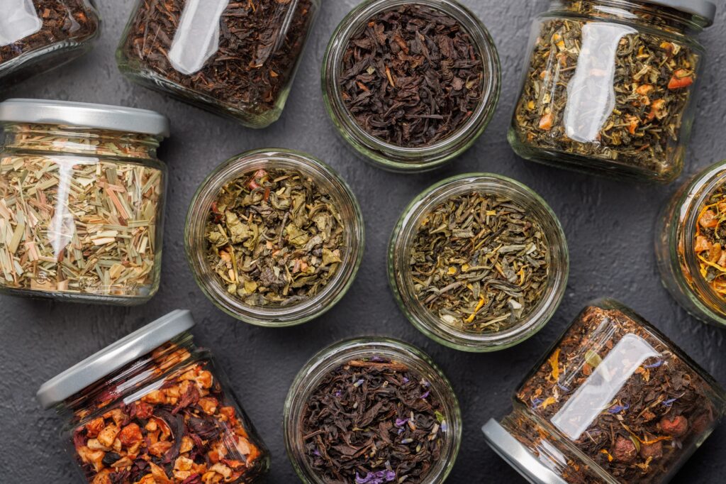 Tea time assortment: Various dry tea leaves